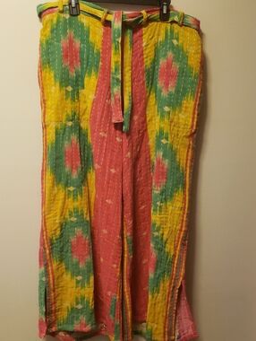 Boho Wide Leg Cotton Vibrant Multicolor Kantha Pants with Front Tie